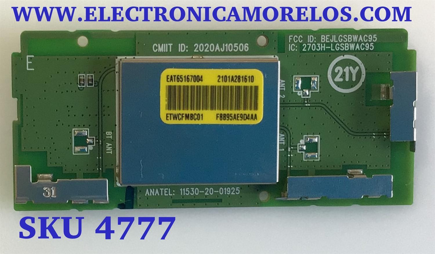 MODULO DE WIFI LG / EAT65167004 / LGSBWAC95 / 2101A281610 / ETWCFMBC01 / F8B95AE9D4AA / MODELOS OLED65C1AUB BUSYLJR / 43UL3JEP / 50UL3JEP / OLED65A1AUA  / OLED48A1PUA BUSYLJR / OLED55A1PUA DUSQLJR / OLED65C1PUB DUSQLJR / 65NANO90UPA BUSYLKR